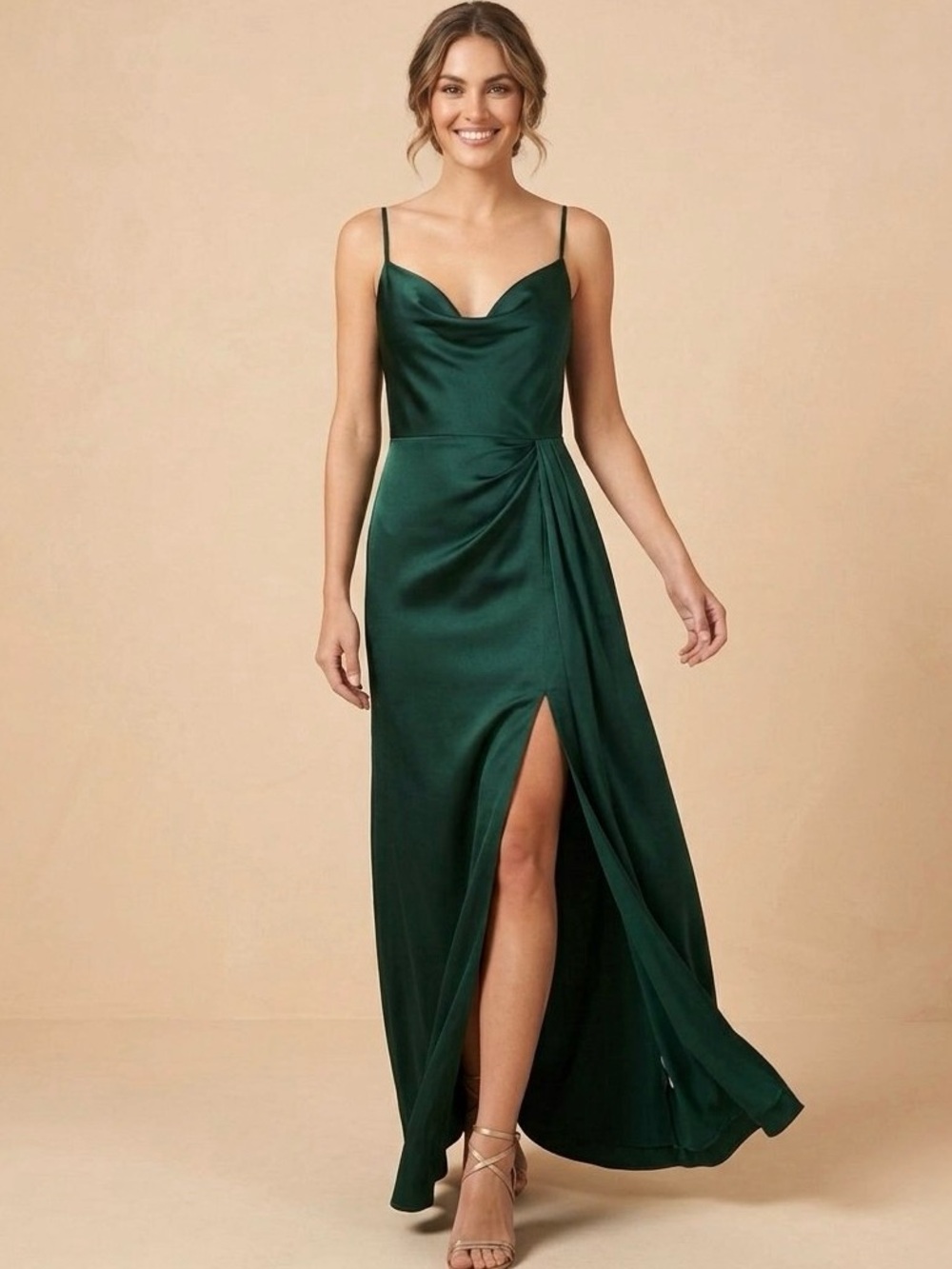 Dessy Collection Cowl-Neck Draped Wrap Maxi Front Slit Dress Evergreen,SZ 0, NWT - Picture 3 of 12